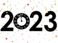 Silhouette of the New Year\'s clock and the numbers of 2023, bright confetti.